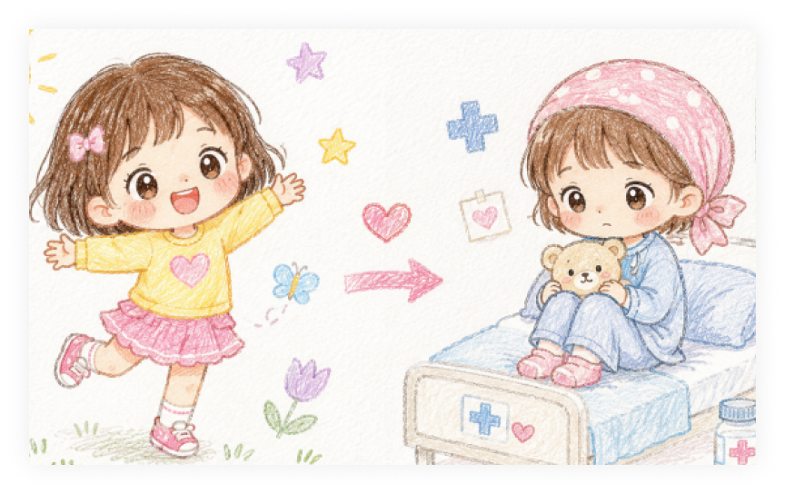 뛰어노는 아이와 병상에 앉은 아이 그림
