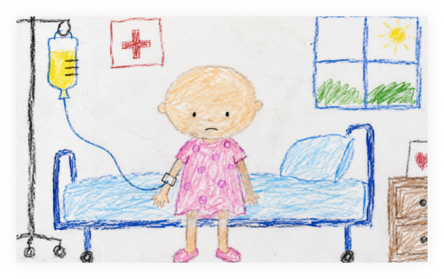 병실 침대 옆에 서 있는 아이 그림
